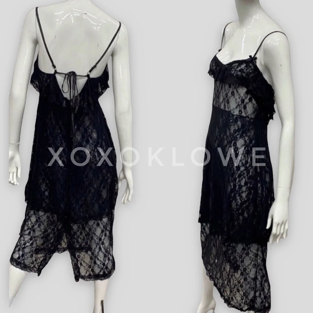 POL Black Sheer Lace Ruffle Tiered Layering Slip